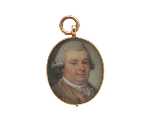MINIATURE PORTRAIT OF A GENTLEMAN. wearing grey wig, brown coat and spotted waistcoat, head and shoulders, on ivory, late 18t