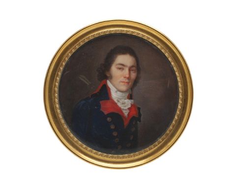 FRENCH SCHOOL LATE 18TH C. Miniature portrait of a gentleman with brown hair and wearing dark blue coat with red facings, fri