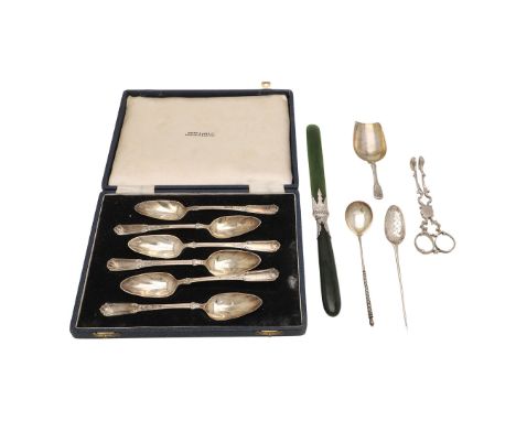 A MIXED LOT OF SILVER FLATWARE. to include an 18th century silver mote spoon, initialled, a Russian silver lemon-tea spoon, a