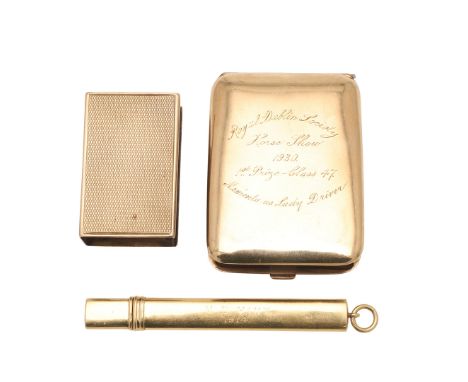 AN EARLY 20TH CENTURY 9CT. GOLD BOOK MATCH HOLDER. of rounded rectangular form, the cover inscribed "ROYAL DUBLIN SOCIETY HOR