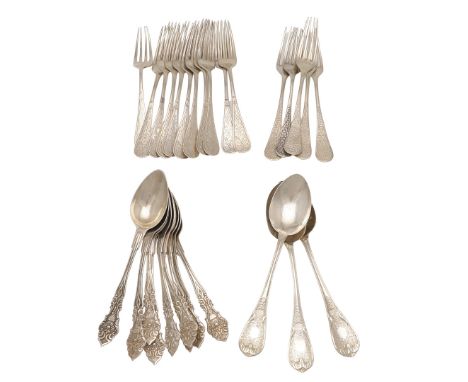LATE 19TH/ EARLY 20TH CENTURY OTTOMAN EMPIRE SILVER FLATWARE. 16 table forks and 12 tablespoons (2 sizes), in four different 