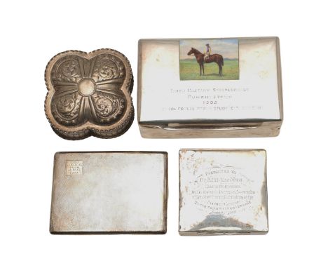 AN EDWARDIAN SILVER CIGARETTE BOX. rectangular form, (cedarwood lining), the cover inscribed "IRISH MILITARY STEEPLECHASE PUN