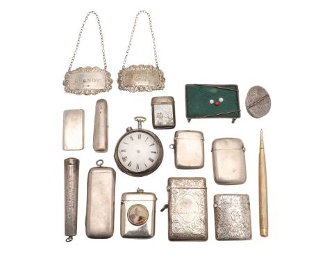 A MIXED LOT OF SILVER BOXES ETCETERA. to include a George V silver & enamel vesta case decorated with blue tits perched on a 