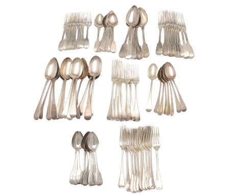 SILVER FLATWARE. to include the following pieces in Fiddle pattern: 10 table forks, 6 tablespoons, 11 dessert forks, 7 desser