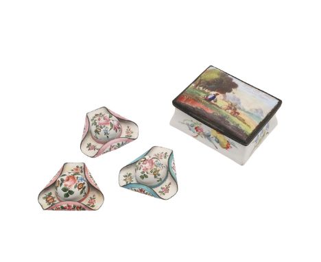 AN ENAMEL SNUFF BOX AND THREE POWDER BOXES. the box white with painted landscape cover c. 1800 , 7cm, the powder boxes each i
