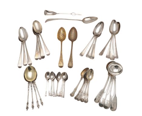 MIXED SILVER FLATWARE. to include 7 George II Hanoverian pattern tablespoons, 7 Old English pattern tablespoons, an Old Engli