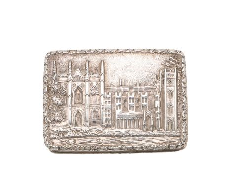AN EARLY VICTORIAN "CASTLE TOP" VINAIGRETTE. rounded rectangular, with engine-turned base & reeded sides, the cover with a vi