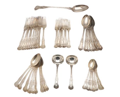 A LATE VICTORIAN PART-CANTEEN OF KING'S PATTERN SILVER FLATWARE. to include 8 tablespoons, 11 table forks, 9 dessert spoons, 