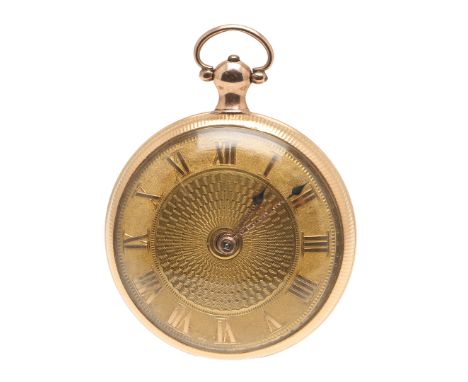 A 19TH CENTURY 18CT GOLD OPEN FACED POCKET WATCH. the gold coloured dial with engine turned decoration and with Roman numeral