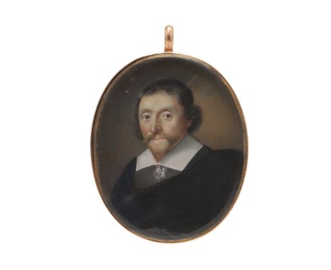 19TH C. ENGLISH SCHOOL. Miniature portrait in 17th c. style of a gentleman wearing starched collar and doublet, on vellum lai