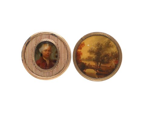 TWO FRENCH SNUFFBOXES. with gold mounts and striped bodies 6.25 cm dia,  one painted with a portrait of a gentleman, 3.5 x 3 