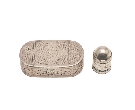 A GEORGE III SILVER NUTMEG GRATER. cylindrical form, with a domed, pull-off cover, pull-off base and engraved decoration, by 