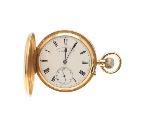 AN 18CT GOLD FULL HUNTING CASED POCKET WATCH BY PARKINSON &amp; FRODSHAM, 5 BUDGE ROW, LONDON. the signed  white enamel dial 