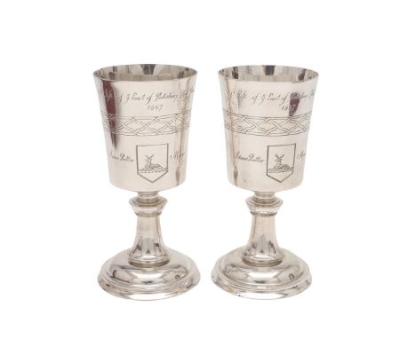 TWO MODERN LIMITED EDITION COMMEMORATIVE SILVER GOBLETS. each modelled as a reproduction of The Hertford Elizabethan Chalice,