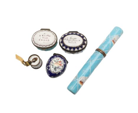 STAFFORDSHIRE ENAMEL. An etui with vignettes of harbour scenes on a pale blue ground 12.5 cm , an egg shape bonboniere with b