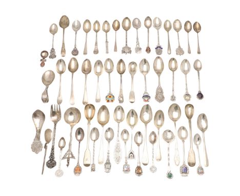 A QUANTITY OF VARIOUS SILVER SOUVENIR TEASPOONS & OTHER SPOONS. including one by Liberty & Co,  some with enamel terminals, c