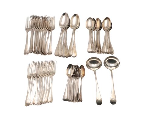 AN EDWARDIAN PART-CANTEEN OF OLD ENGLISH PATTERN SILVER FLATWARE. to include 6 tablespoons, 12 table forks, 12 dessert spoons