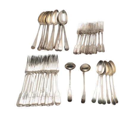 MISCELLANEOUS SILVER FLATWARE. to include 12 table forks, 12 dessert forks and 2 Scottish toddy ladles (Fiddle pattern), 12 t