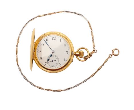 AN 18CT GOLD HALF HUNTING CASED POCKET WATCH. the white enamel dial with Roman numerals and subsidiary seconds dial, glass mi