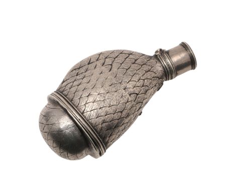 A RARE 18TH CENTURY SILVER SHOT FLASK. with a shaped body, decorated with a textured plumage and a radiating flower around th