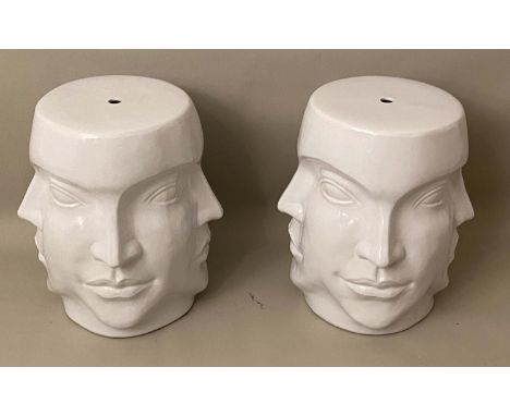 SURREALIST STYLE BARREL STOOLS, 44cm high, 38cm diameter, glazed ceramic. (2) 