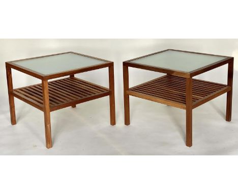 LAMP TABLES, a pair, 1970s Danish teak square glazed with slatted undertier, 60cm x 60cm x 45cm. 