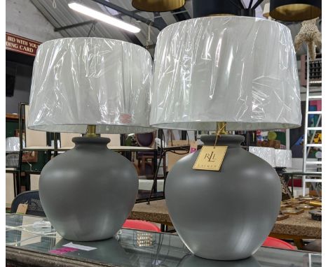 LAUREN RALPH LAUREN HOME TABLE LAMPS, a pair, grey ceramic with gilt detailing, with shades, 70cm H x 41cm W. 
