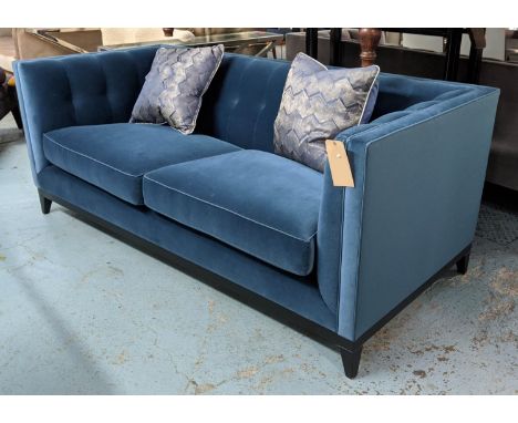 SOFA, contemporary design, button back blue velvet finish, with patterned scatter cushions, 200cm x 90cm x 75cm. 