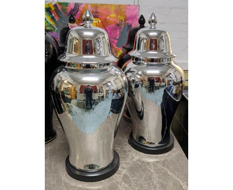 TEMPLE JARS, a pair, 90cm H, glazed ceramic, silvered finish. (2) 