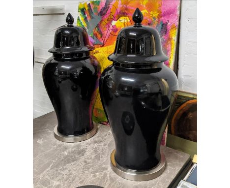 TEMPLE JARS, a pair, 90cm H, glazed ceramic, black finish. (2) 