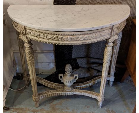 CONSOLE TABLE, 96cm W x 85cm H x 48cm D Louis XVI design with a demilune marble top on a distressed wooden base with fluted t