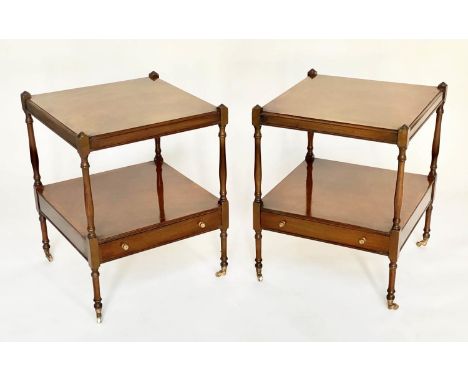 LAMP TABLES, a pair, George III design figured mahogany each with undertier drawer, 46cm x 46cm x 59cm H. (2) 