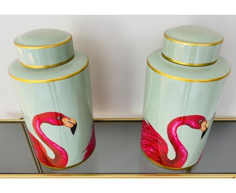 GINGER JARS, pair, 40cm high, 20cm diameter, glazed ceramic, flamingo design. (2) 