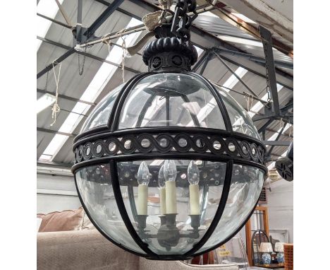 GLOBE LANTERN, black metal frame, glazed body, 70cm H x 53cm D. 
