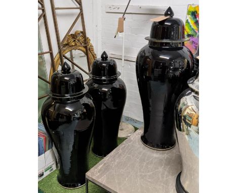 TEMPLE JARS, a set of three glazed ceramic, black finish, 103cm H. (3) 