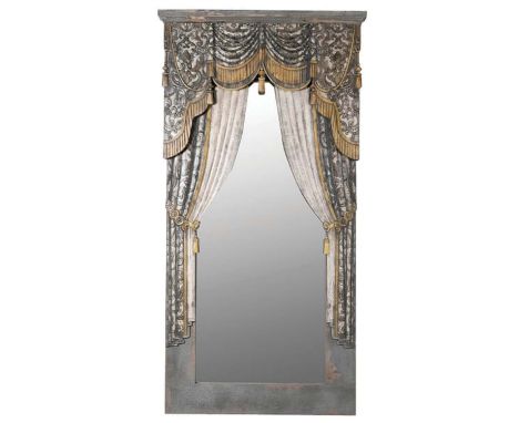 ARCHITECTURAL WALL MIRROR, 201cm high, 104cm wide, 16cm deep, with faux curtain detail frame. 