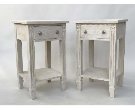 BEDSIDE/LAMP TABLES, a pair, French traditionally grey painted each carved with frieze drawer and undertier, 36cm x 34cm x 76
