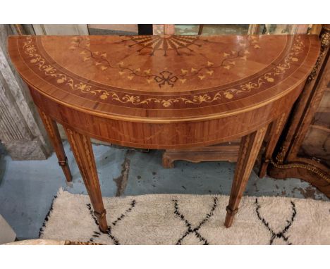 DEMILUNE CONSOLE TABLE, 119cm W x 85cm H x 48cm D Neoclassical design with foliate and swag decoration on square tapered supp