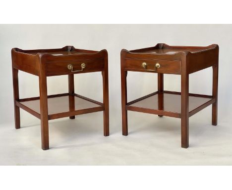 LAMP TABLES, a pair, George III design figured mahogany each galleried with drawer and undertier, 61cm D x 51cm W x 64cm H. (