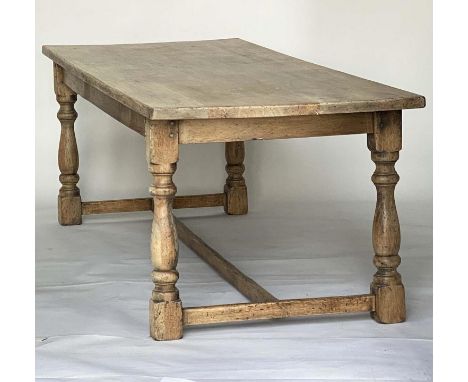 REFECTORY TABLE, vintage bleached oak with cleated rectangular planked top and stretchered turned supports, 244cm x 89cm D x 