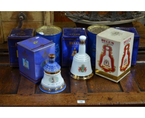 Seven Bells Scotch Whisky Wade decanters, un-opened with contents, commemorating: 60th birthday of Queen Elizabeth 1986; 50th