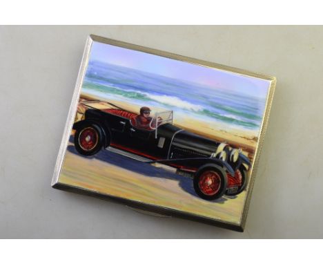 An engine-turned silver cigarette case, the front enamelled with a vintage Bugatti Le Mans racing car, Mappin & Webb, Birming