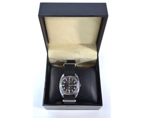 A stainless steel Hamilton military wristwatch with Swiss movement and black dial with luminous highlights, engraved on rever