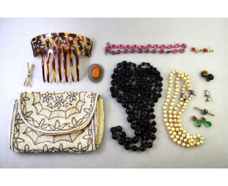 A collection of vintage jewellery including two row cultured pearl necklace, pink paste necklace, and similar earrings, cross