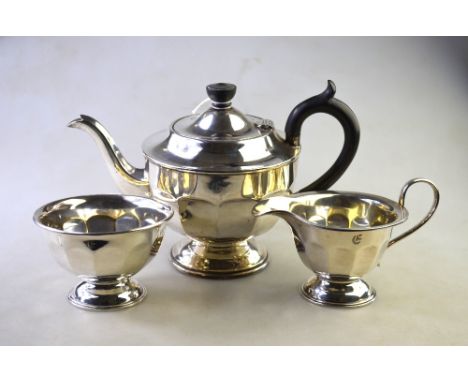 A silver three-piece tea service, Viners, Sheffield 1937, 23 oz gross