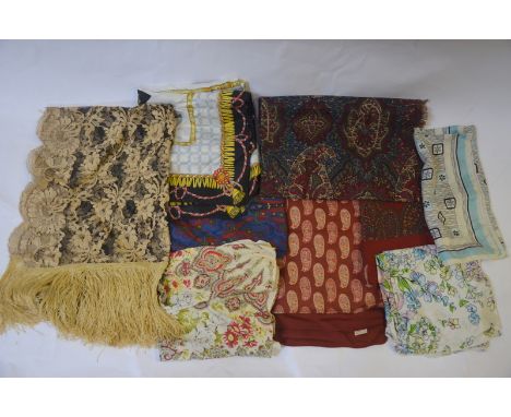 A collection of mostly silk vintage scarves to include; fine wool 'Liberty' example, to/w fabric pieces etc.