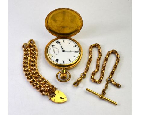 A gilt metal Hunter pocket watch to/w curb bracelet stamped 9ct with 9ct padlock and gilt metal Albert, approx 17g   Conditio