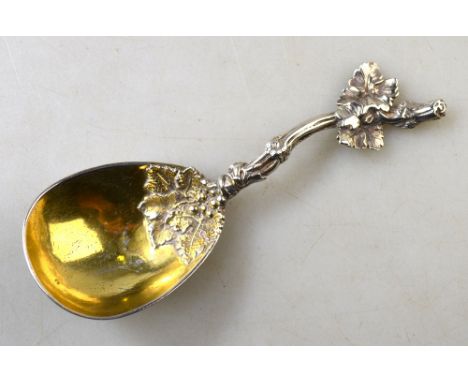 A Victorian silver caddy spoon with cast vine-stock handle and gilt fig-shaped bowl, Francis Higgins II, London 1856