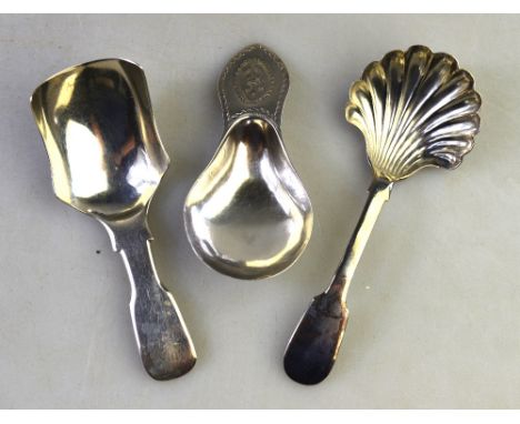 A Georgian silver fiddle pattern caddy spoon with shell bowl, Thomas Watson (probably), Newcastle 1798, another caddy spoon w