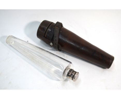 A conical glass campaign spirit flask with electroplated bayonet top, to/w a similar flask with cork stopper, in leather oute